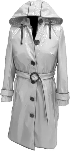 Women PVC Shiny Leather Hooded Light Weighted Raincoat Stylish Trench Long Coat