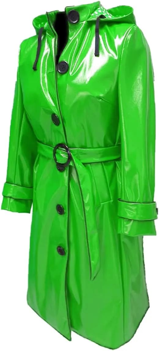 Women PVC Shiny Leather Hooded Light Weighted Raincoat Stylish Trench Long Coat