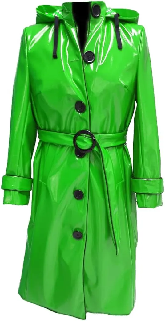 Women PVC Shiny Leather Hooded Light Weighted Raincoat Stylish Trench Long Coat