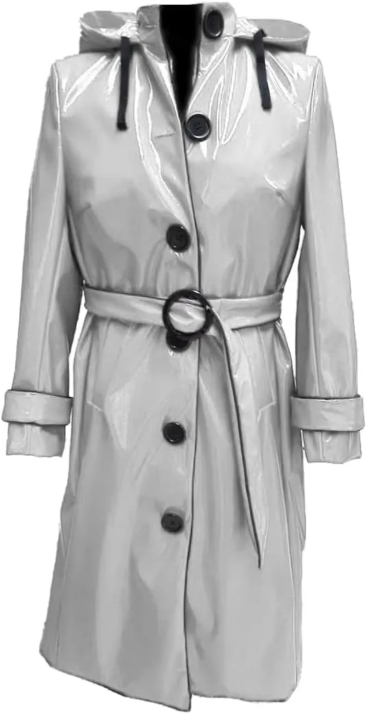 Women PVC Shiny Leather Hooded Light Weighted Raincoat Stylish Trench Long Coat