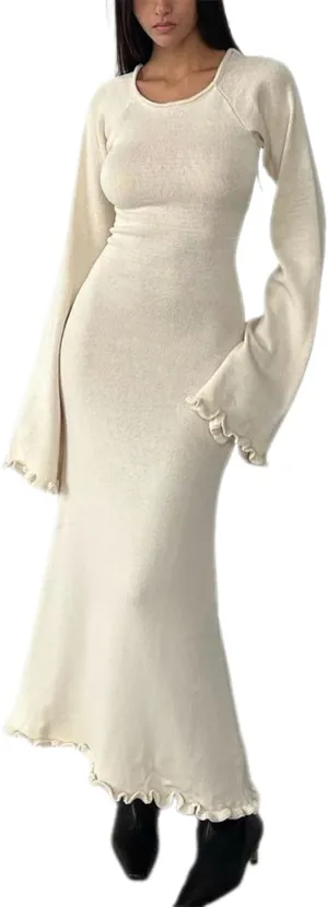 Women Ribbed Knit Long Dress Sleeveless Flower Bodycon Maxi Party Cocktail Dress Summer Beach Cover Up Club Dress