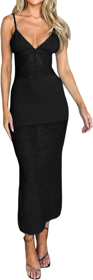 Women Ribbed Knit Long Dress Sleeveless Flower Bodycon Maxi Party Cocktail Dress Summer Beach Cover Up Club Dress