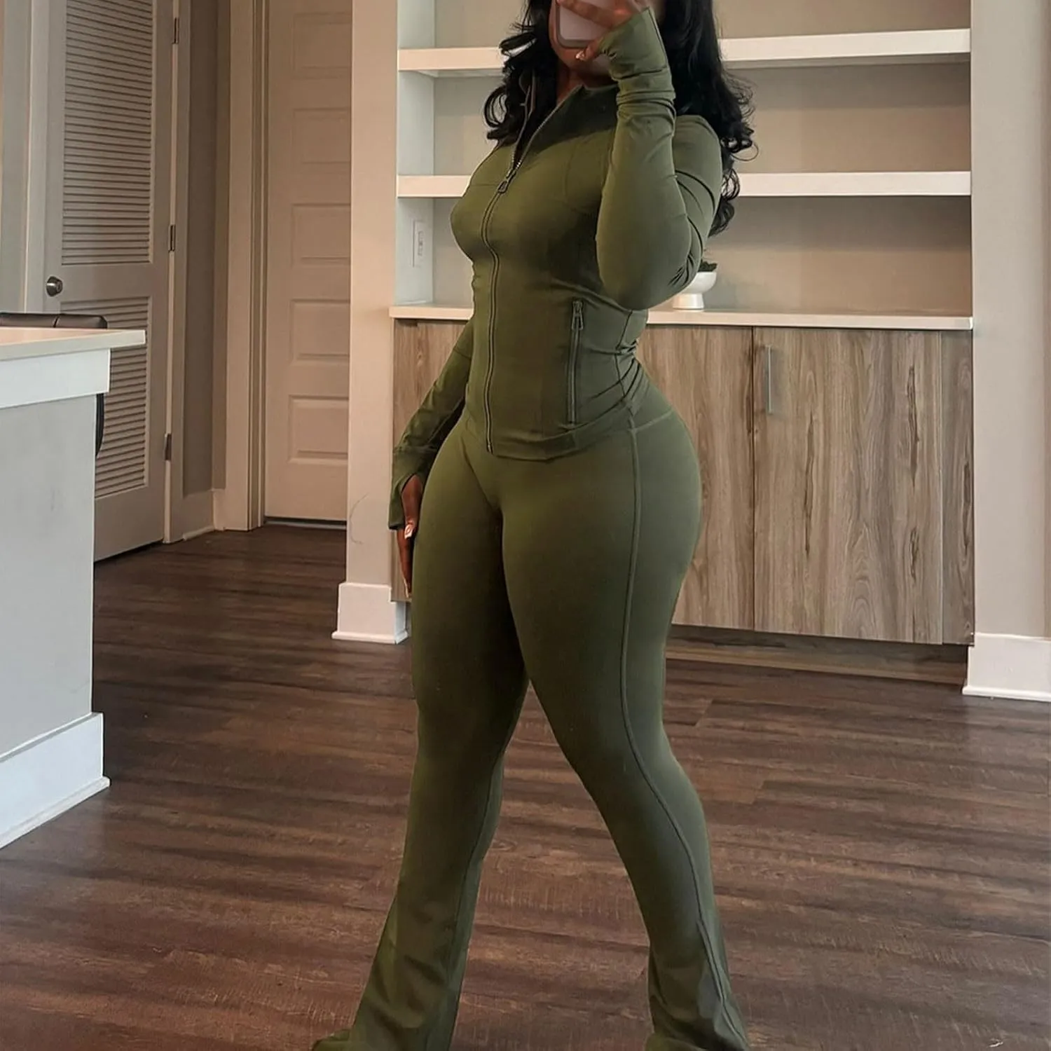 Womens 2 Piece Outfits Workout Zip Up Sweatshirt and Jogger Flare Yoga Pants Gym Sweat Suits Fashion Jumpsuits