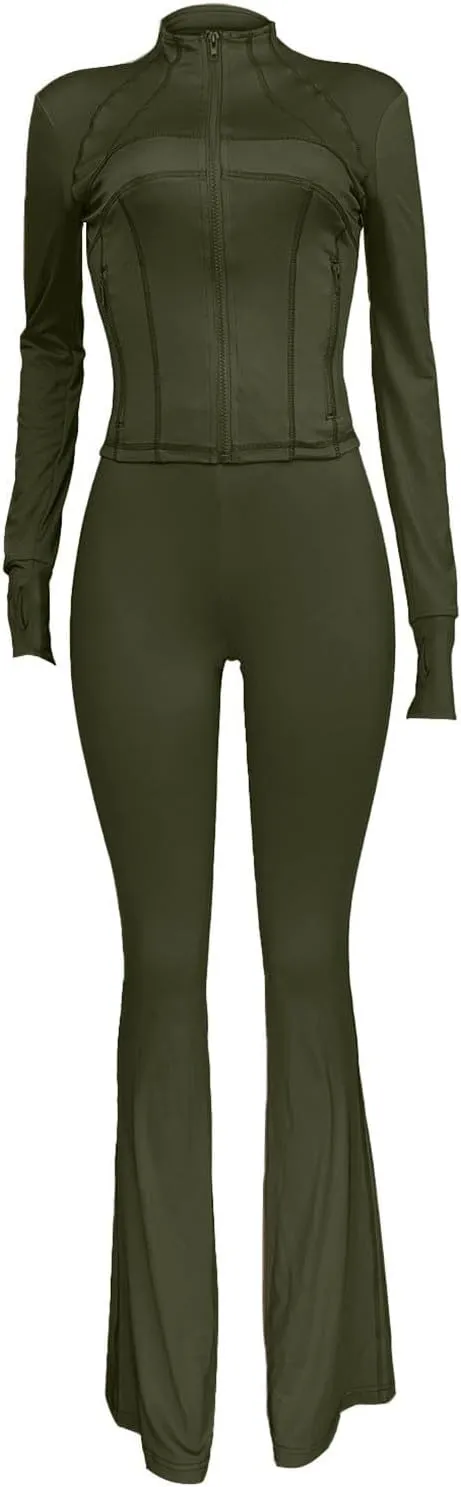 Womens 2 Piece Outfits Workout Zip Up Sweatshirt and Jogger Flare Yoga Pants Gym Sweat Suits Fashion Jumpsuits