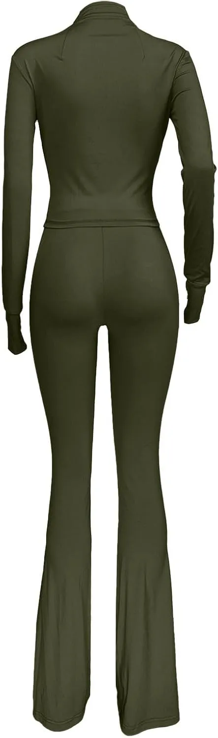 Womens 2 Piece Outfits Workout Zip Up Sweatshirt and Jogger Flare Yoga Pants Gym Sweat Suits Fashion Jumpsuits