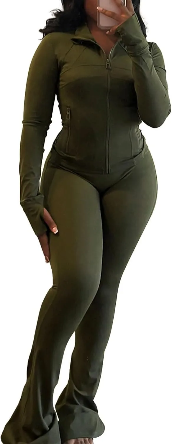 Womens 2 Piece Outfits Workout Zip Up Sweatshirt and Jogger Flare Yoga Pants Gym Sweat Suits Fashion Jumpsuits