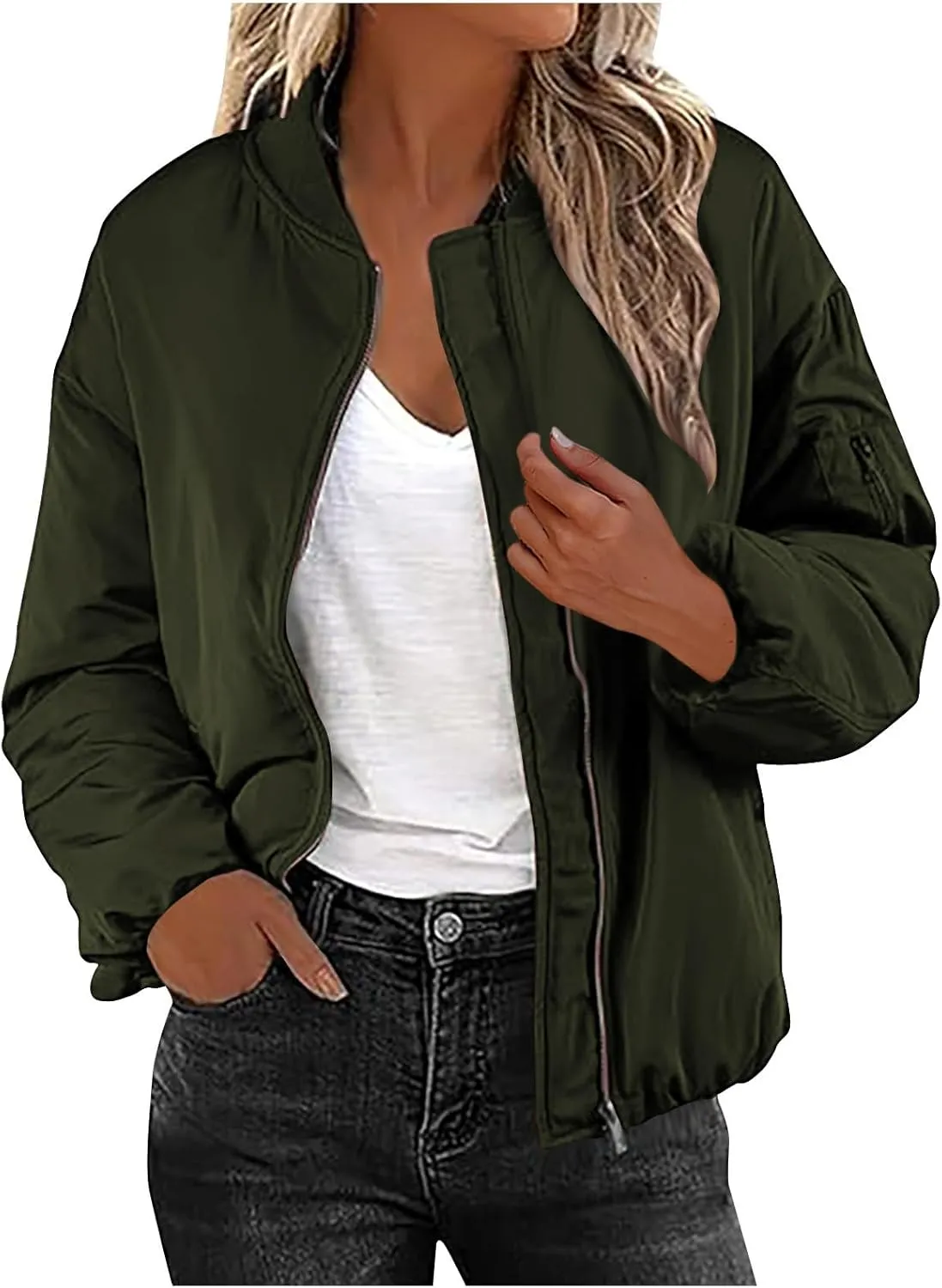 Women's Cropped Bomber Jackets Casual Zip Up Long Sleeve Outerwear Winter Warm Quilted Short Jacket Fully Lined Coats