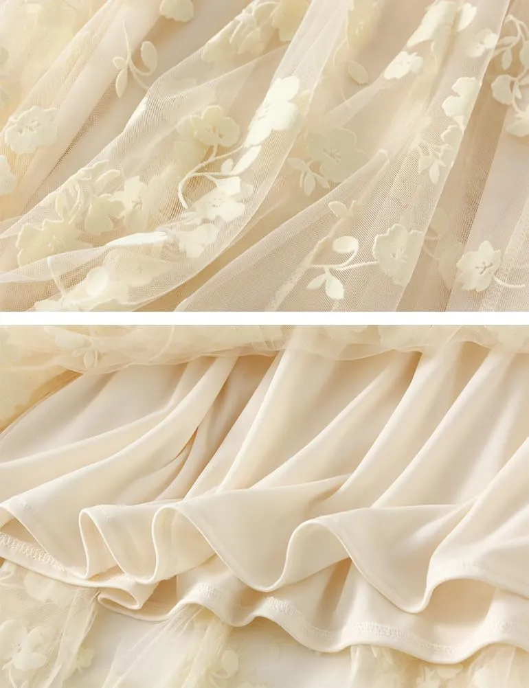 Womens Floral Midi Skirt High Waisted A Line Cute Layered Fairy Mesh Tulle Pleated Skirt