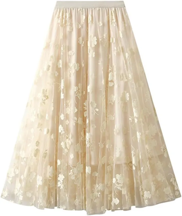 Womens Floral Midi Skirt High Waisted A Line Cute Layered Fairy Mesh Tulle Pleated Skirt