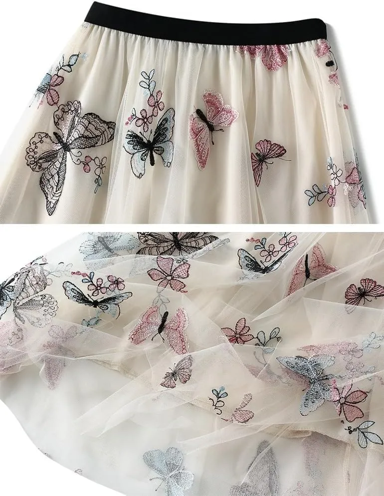 Womens Floral Midi Skirt High Waisted A Line Cute Layered Fairy Mesh Tulle Pleated Skirt