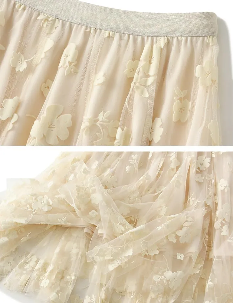 Womens Floral Midi Skirt High Waisted A Line Cute Layered Fairy Mesh Tulle Pleated Skirt
