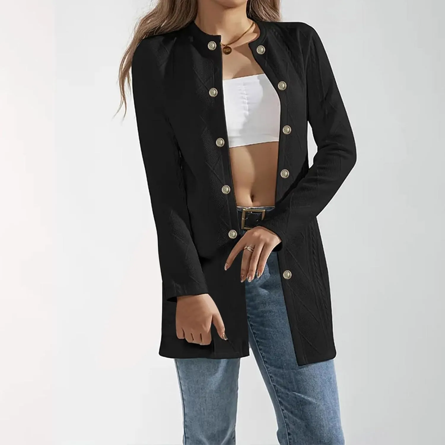 Womens Long Blazer Jacket Dressy Elegant Double-Breasted Open Front Cardigans Casual Solid Color Business Coats Suit
