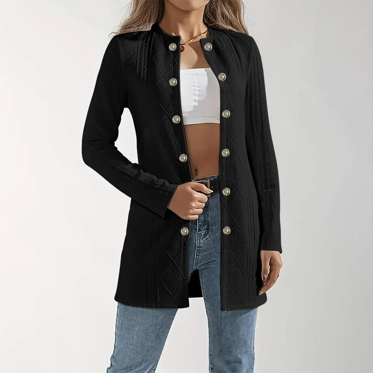 Womens Long Blazer Jacket Dressy Elegant Double-Breasted Open Front Cardigans Casual Solid Color Business Coats Suit