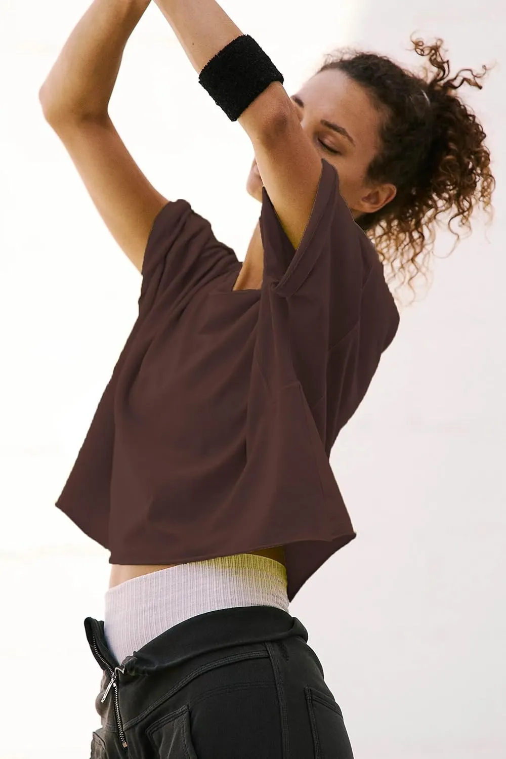Women's Oversized Crop Tops Roll Hem Half Sleeve T-Shirts Drop Shoulder Casual Summer Tops
