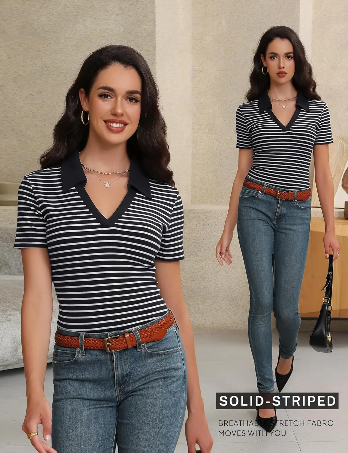 Womens Short Sleeve Business Casual Tops Summer V Neck Polo Work Shirts 2025 Fitted Basic Collared Shirt