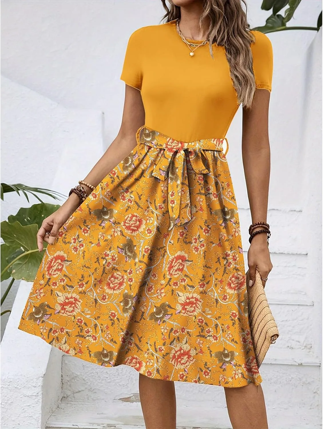 Women's Short Sleeve Dresses Empire Waist Floral Printing Crewneck Color Blocked Belt Casual Midi Length Dress