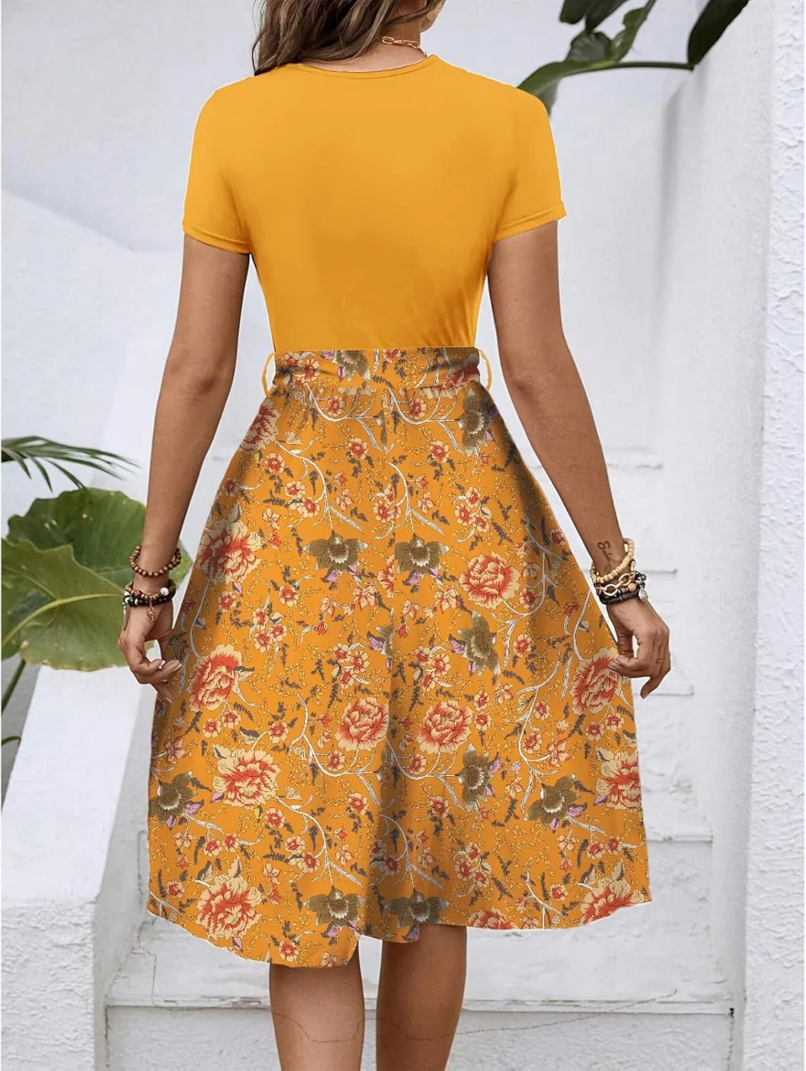 Women's Short Sleeve Dresses Empire Waist Floral Printing Crewneck Color Blocked Belt Casual Midi Length Dress