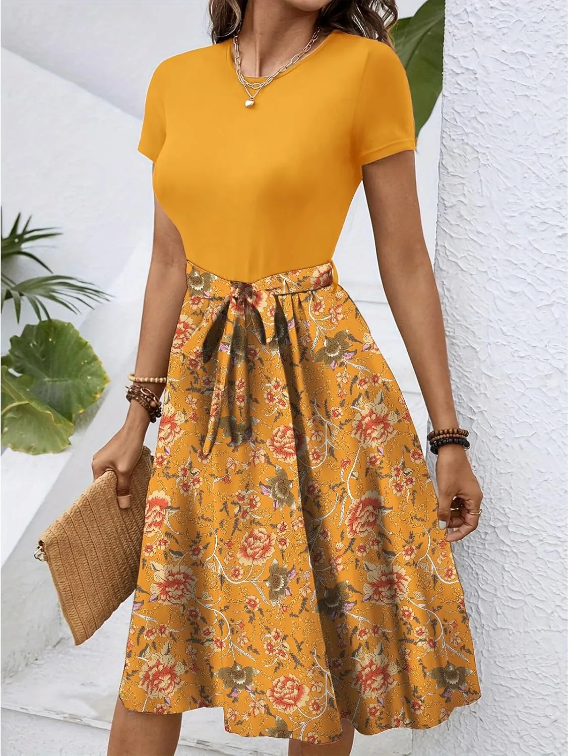 Women's Short Sleeve Dresses Empire Waist Floral Printing Crewneck Color Blocked Belt Casual Midi Length Dress