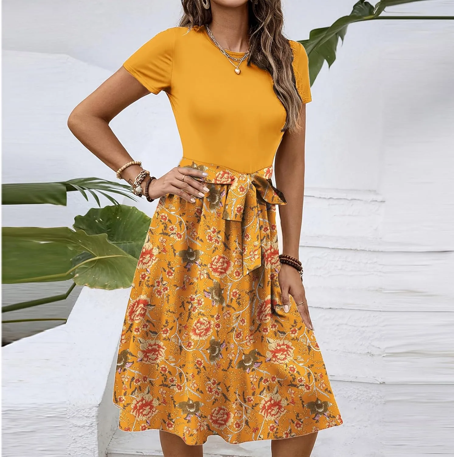 Women's Short Sleeve Dresses Empire Waist Floral Printing Crewneck Color Blocked Belt Casual Midi Length Dress