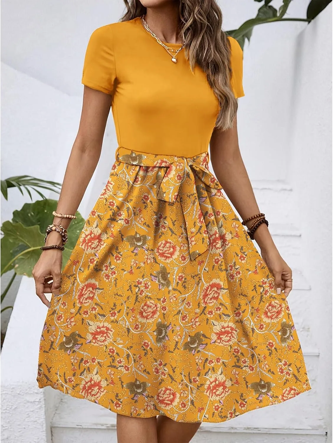 Women's Short Sleeve Dresses Empire Waist Floral Printing Crewneck Color Blocked Belt Casual Midi Length Dress