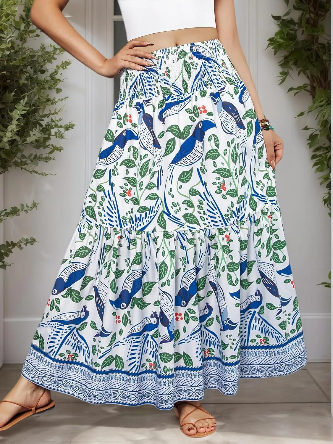 YHYJMY Women's Boho Skirt Elastic High Waist Pleated A-Line Flared Maxi Skirts Womens Flowy Long Skirts
