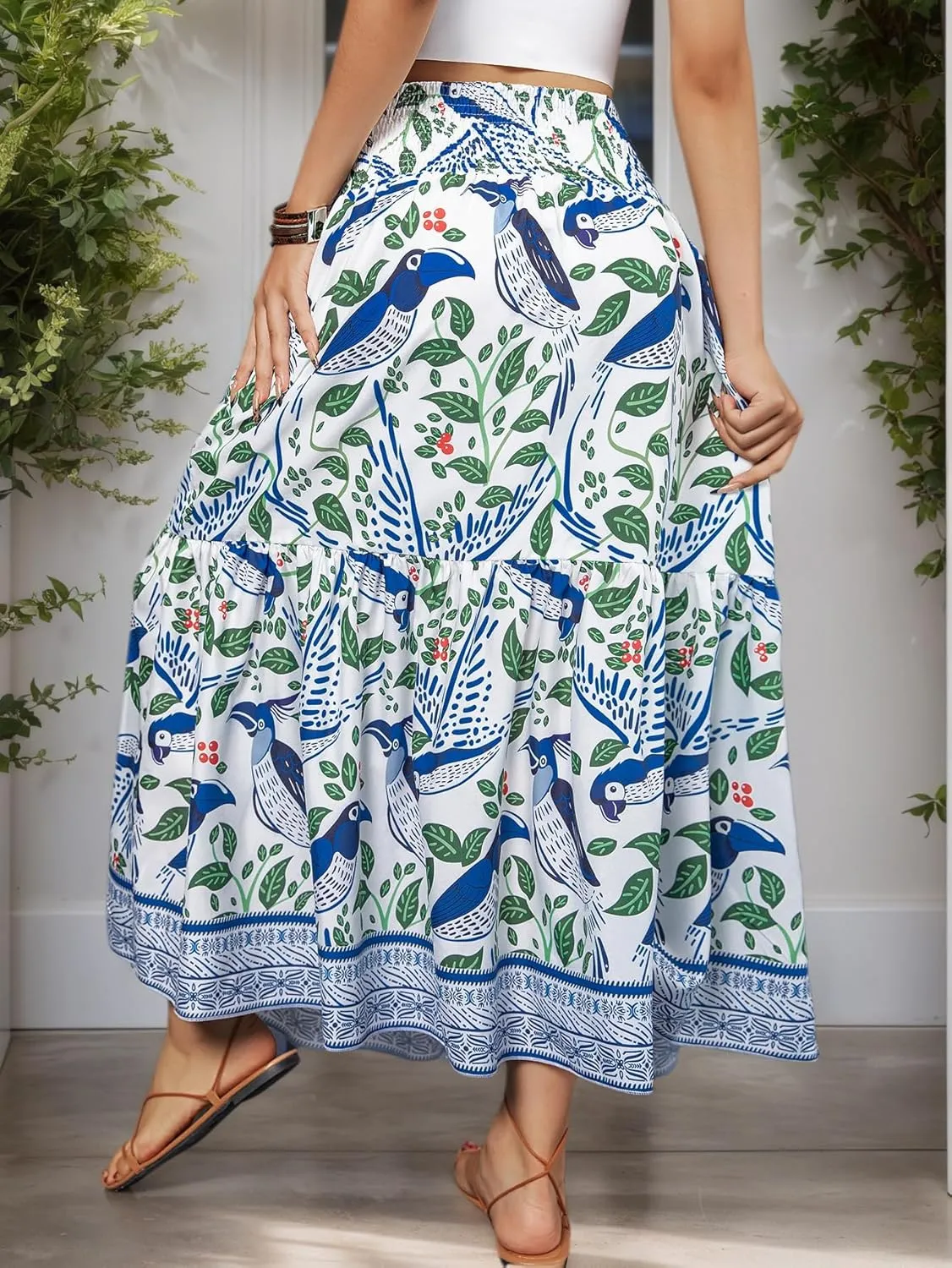 YHYJMY Women's Boho Skirt Elastic High Waist Pleated A-Line Flared Maxi Skirts Womens Flowy Long Skirts