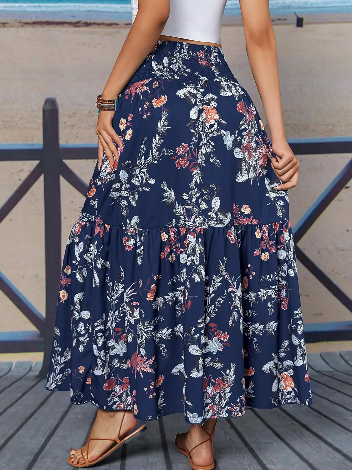 YHYJMY Women's Boho Skirt Elastic High Waist Pleated A-Line Flared Maxi Skirts Womens Flowy Long Skirts